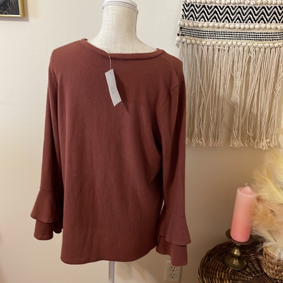 Jodifil Taupe Long Sleeved Top with Ruffled Sleeved Details/ Size Large - Picture 6 of 9